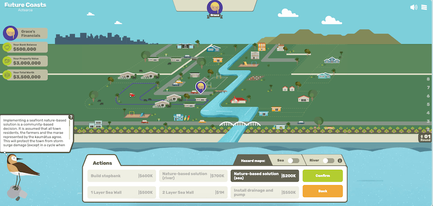 a cartoony image of a town with a mouse selecting an option to pay for a nature based solution to protect from flooding. The characters has 500000 dollars in her bank account